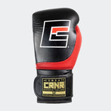 Photo of the top side of Combat Corner's black and red HMIT Velcro Sparring Gloves, which are Mexican Boxing Gloves that are hand made in Thailand.