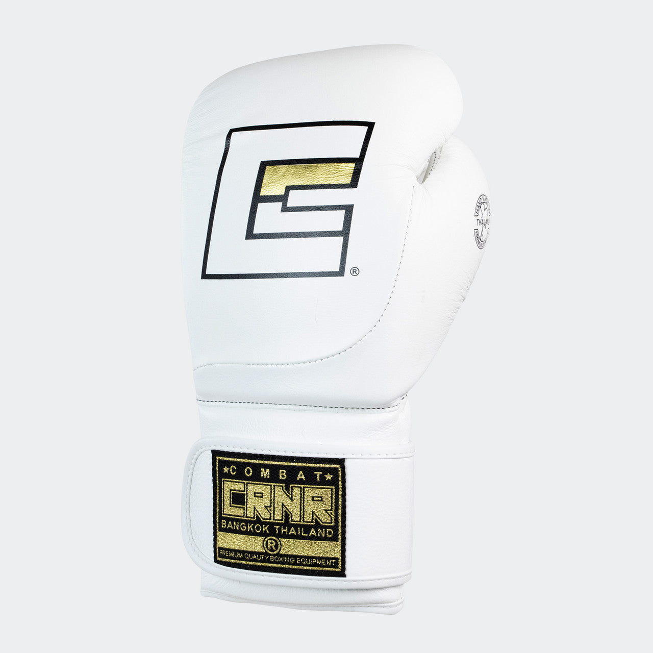 Photo of the front left side of Combat Corner's white HMIT Velcro Sparring Gloves, which are Mexican Boxing Gloves that are hand made in Thailand.