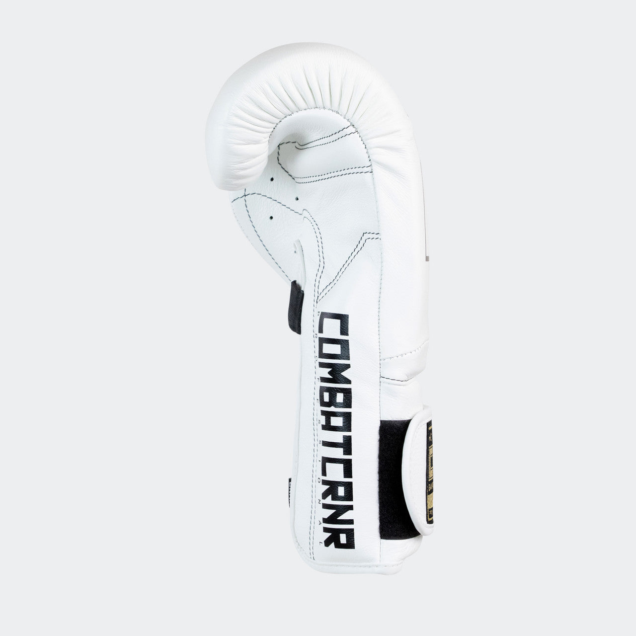 Photo of the right side of Combat Corner's white HMIT Velcro Sparring Gloves, which are Mexican Boxing Gloves that are hand made in Thailand.