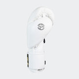 Photo of the left side of Combat Corner's white HMIT Velcro Sparring Gloves, which are Mexican Boxing Gloves that are hand made in Thailand.