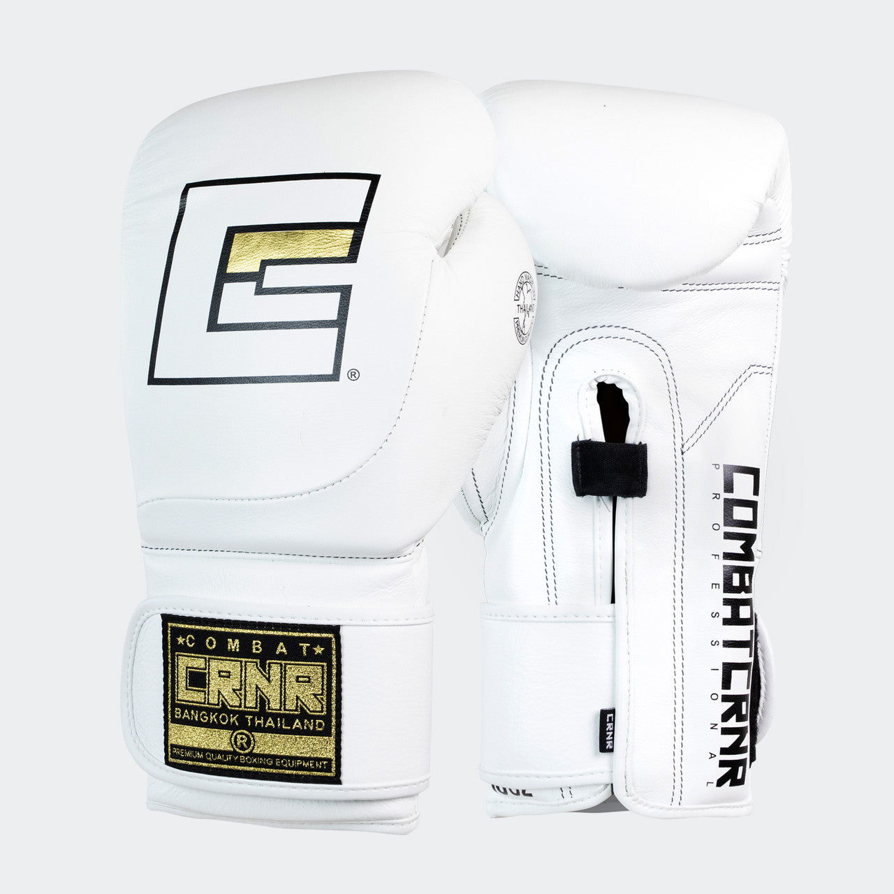 Photo of a pair of Combat Corner's white HMIT Velcro Sparring Gloves, which are Mexican Boxing Gloves that are hand made in Thailand.