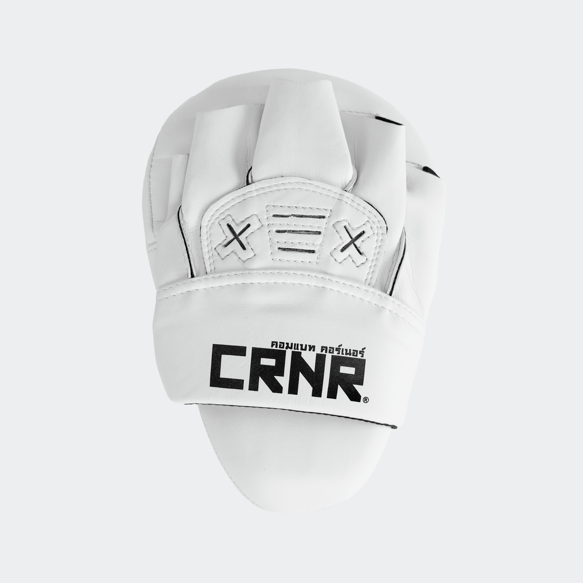 The back of the white HMITV Curved Punch Mitts by Combat Corner against a solid light grey background, showcasing the curved hand compartment and front striking surface.