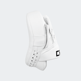 The right side view of the white HMITV Curved Punch Mitts by Combat Corner against a solid light grey background, showcasing the curved hand compartment and front striking surface.