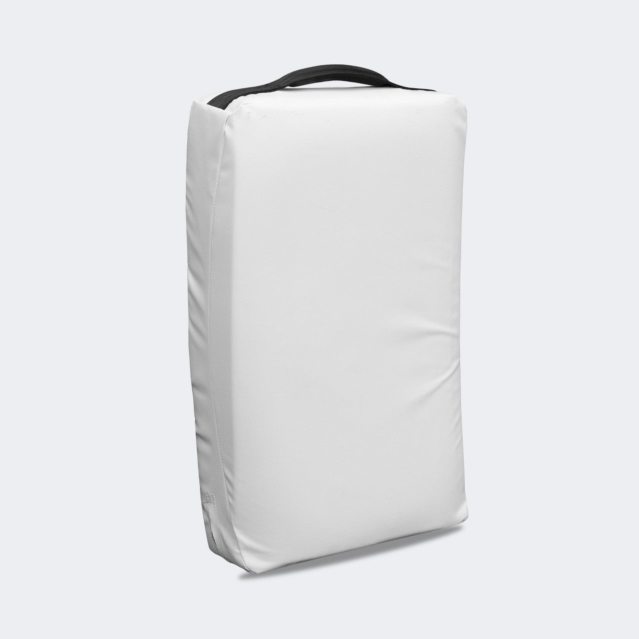 Photo of the front left of Combat Corner's white Made in the USA Kick Shield, made for MMA, Muay Thai, Martial Arts, and more.