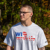 Product photo of Combat Corner’s exclusive WI Wrestle All American Tee. This photo shows the front of Combat Corner’s WI Wrestle All American Tee. This collab All American Tee is part of Combat Corner’s sponsorship of WI Wrestle, the number one news source and fan center for Wisconsin wrestling.