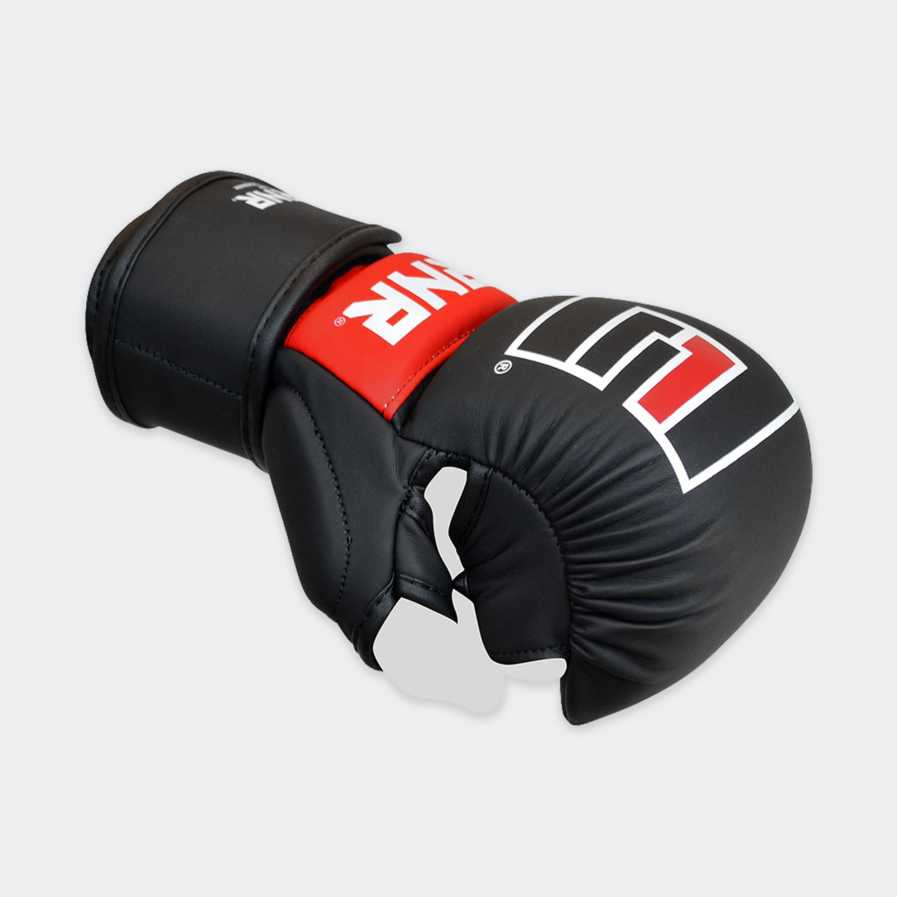 Product photo of the front left angle of the black Combat Corner Kids MMA Spar Gloves