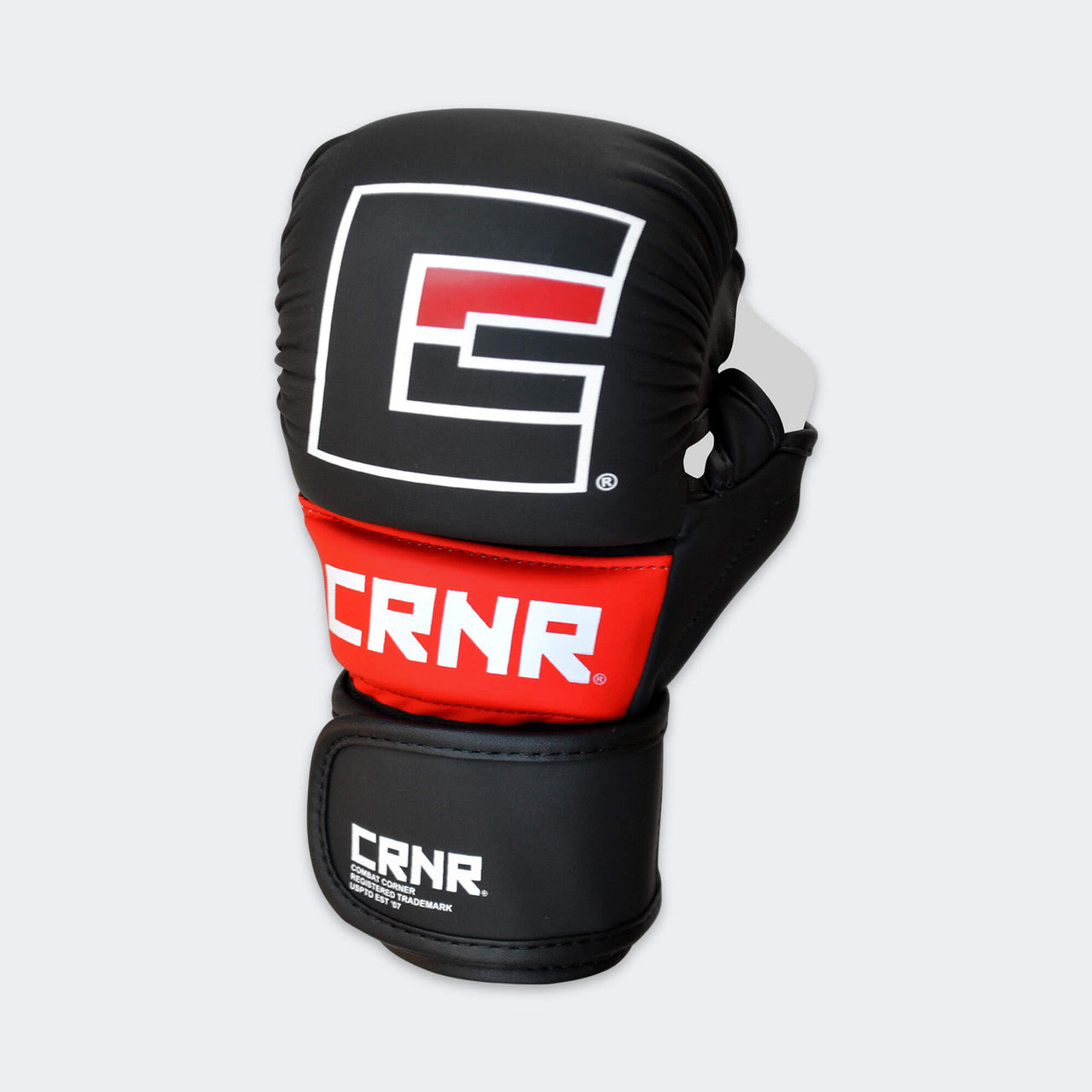 Product photo of the front top side of the white Combat Corner MMA Spar Gloves