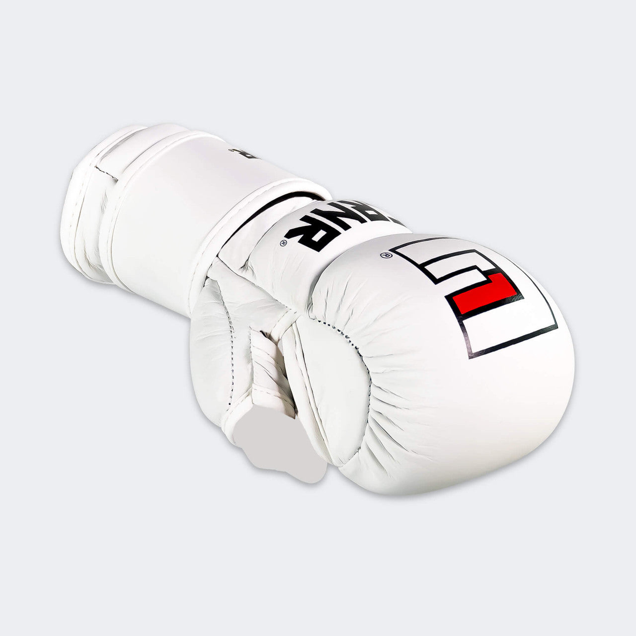 Product photo of the front left angle of the white Combat Corner Prime MMA Sparring Glove
