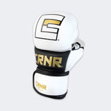 Product photo of the front top side of the white Combat Corner MMA Spar Gloves