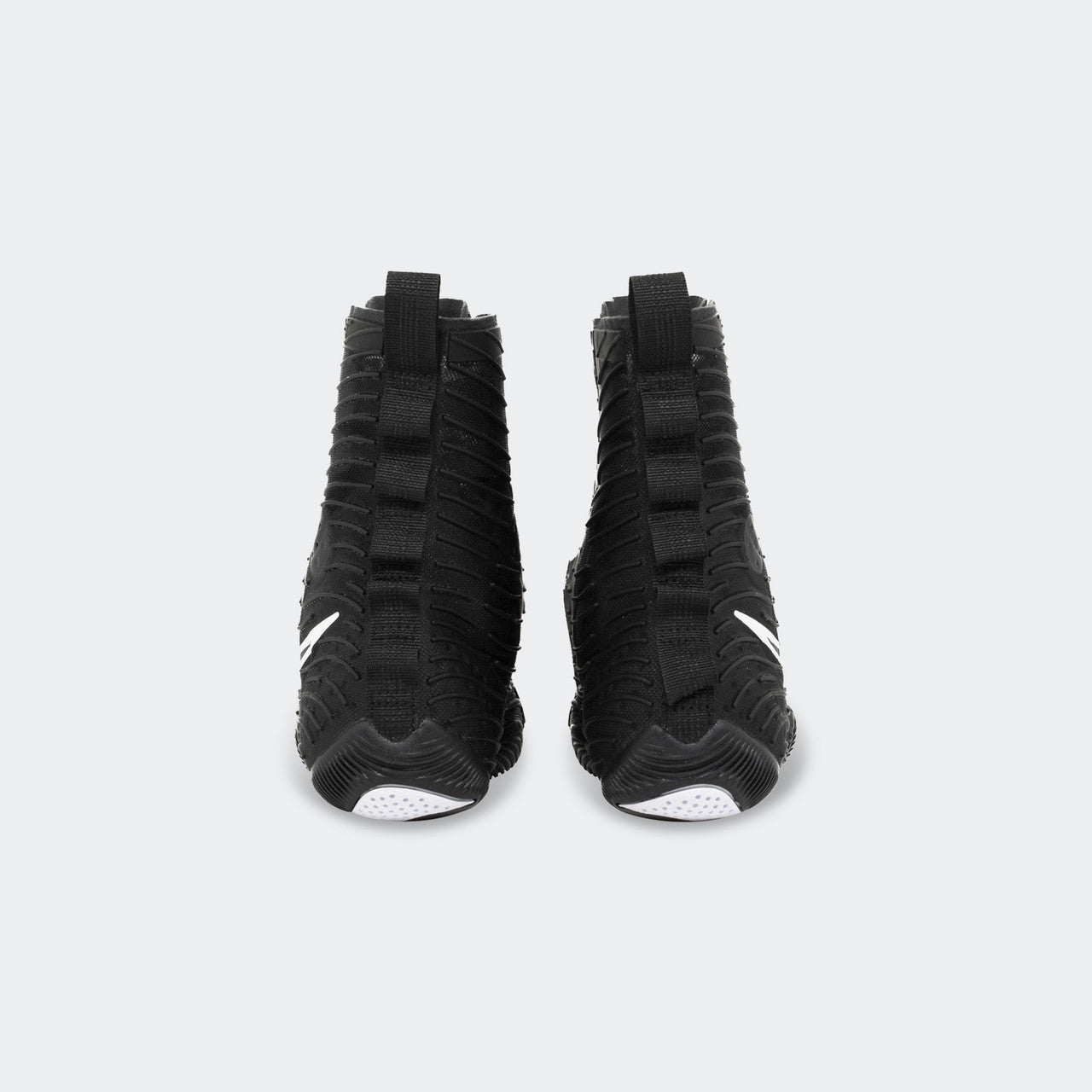 Back heel view of a pair of Nike HyperKO 3 boxing shoes in black, available at Combat Corner.