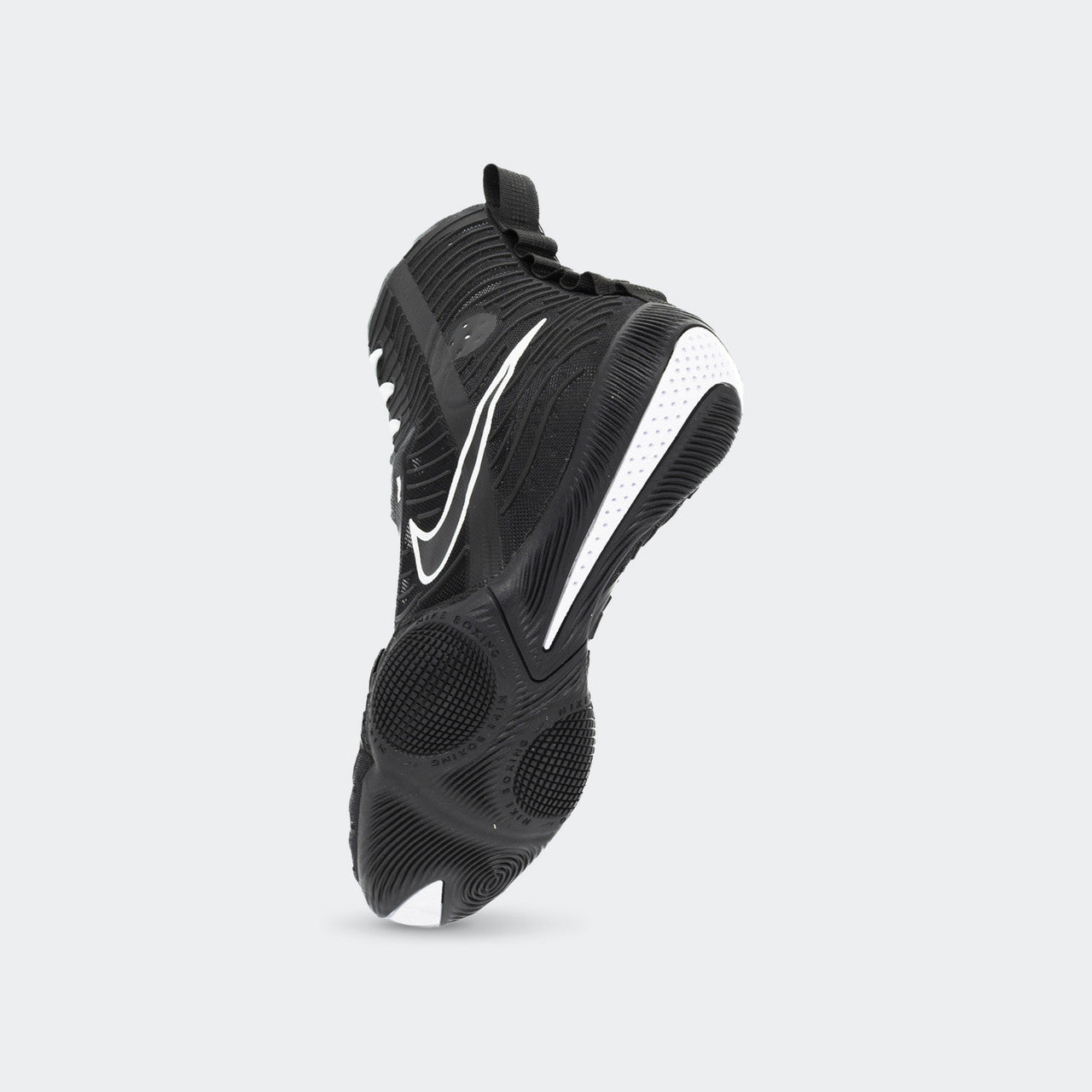 Back-left perspective view of the Nike HyperKO 3 boxing shoe in black, available at Combat Corner.