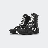 Pair of Nike HyperKO 3 boxing shoes in black, viewed from a front-right angle, available at Combat Corner.