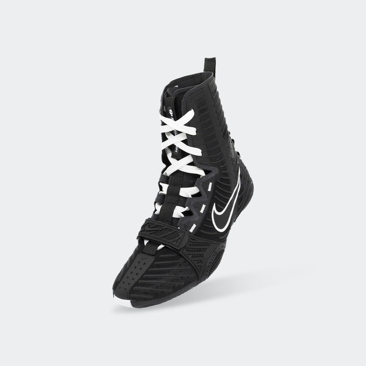 Front-left perspective view of the Nike HyperKO 3 boxing shoe in black, available from Combat Corner.