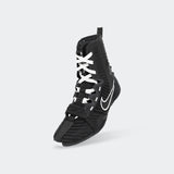 Front-left perspective view of the Nike HyperKO 3 boxing shoe in black, available from Combat Corner.