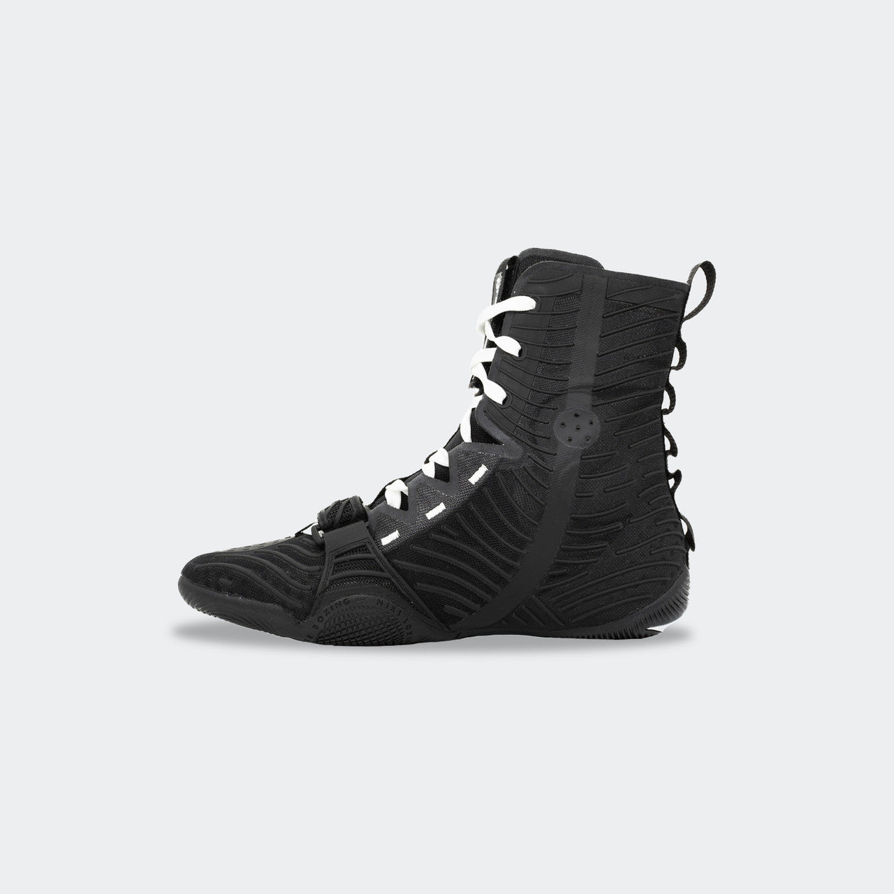 Right side view of the Nike HyperKO 3 boxing shoe in black, available at Combat Corner.