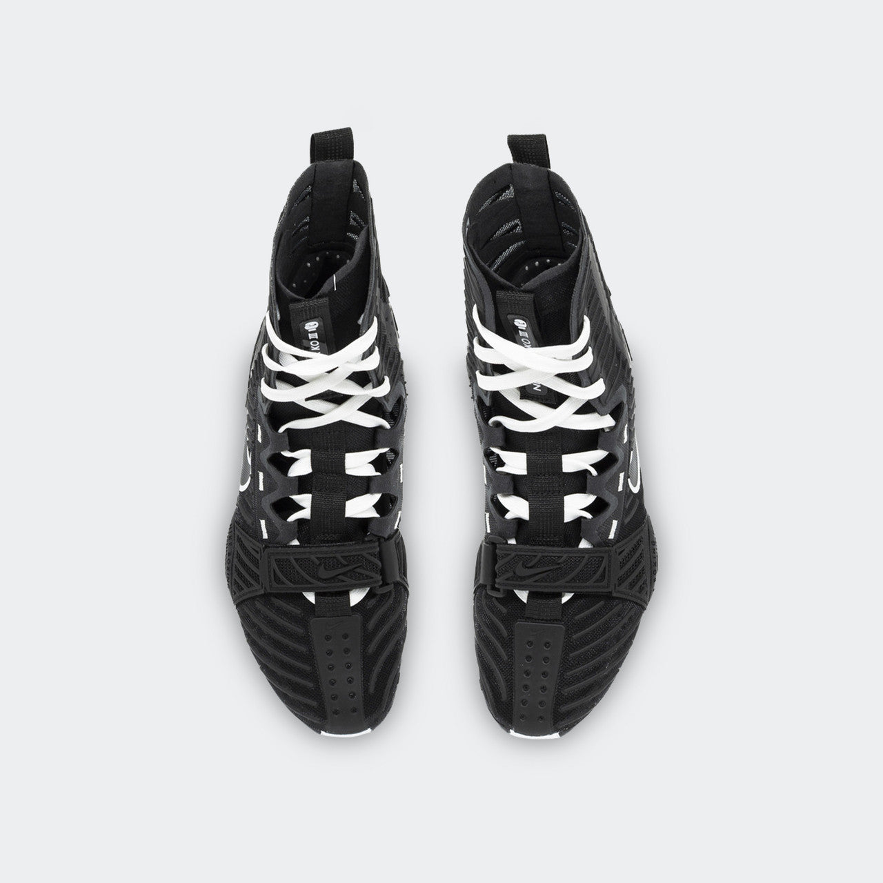 Top-down view of a pair of Nike HyperKO 3 boxing shoes in black, available at Combat Corner.