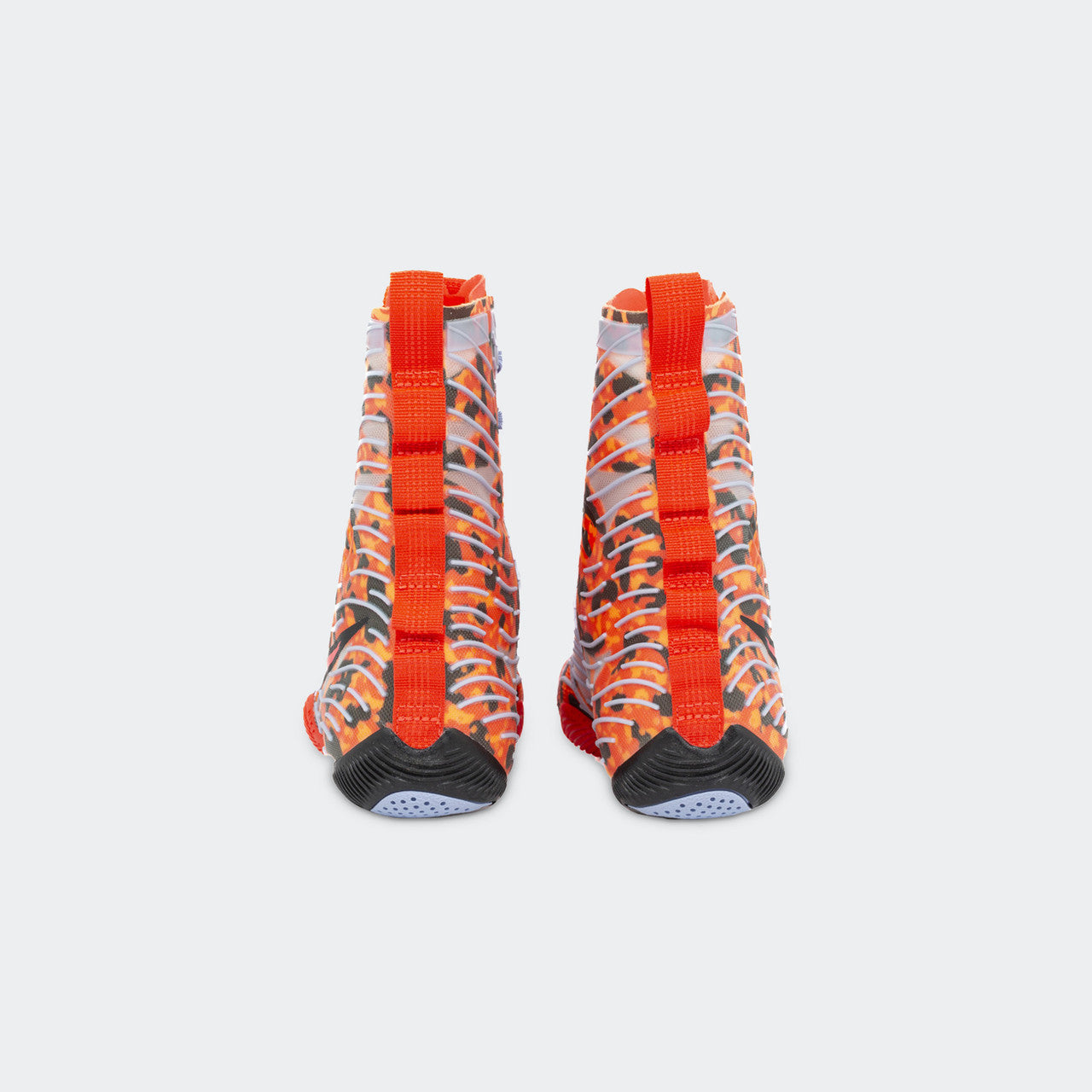 Back heel view of a pair of Nike HyperKO 3 boxing shoes in SE Crimson, available at Combat Corner.