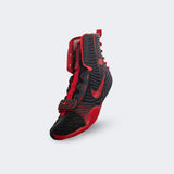 Front-left perspective view of the Nike HyperKO 3 boxing shoe in university black and red, available from Combat Corner.