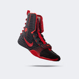 Front-right perspective view of the Nike HyperKO 3 boxing shoe in university black and universal red, available at Combat Corner.
