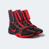 Pair of Nike HyperKO 3 boxing shoes in university black and red, viewed from a front-right angle, available at Combat Corner.