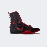 Left side view of the Nike HyperKO 3 boxing shoe in university black and red, available at Combat Corner.