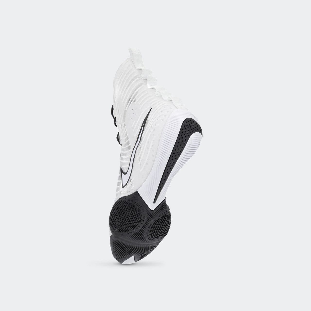 Back-left perspective view of the Nike HyperKO 3 boxing shoe in white, available at Combat Corner.