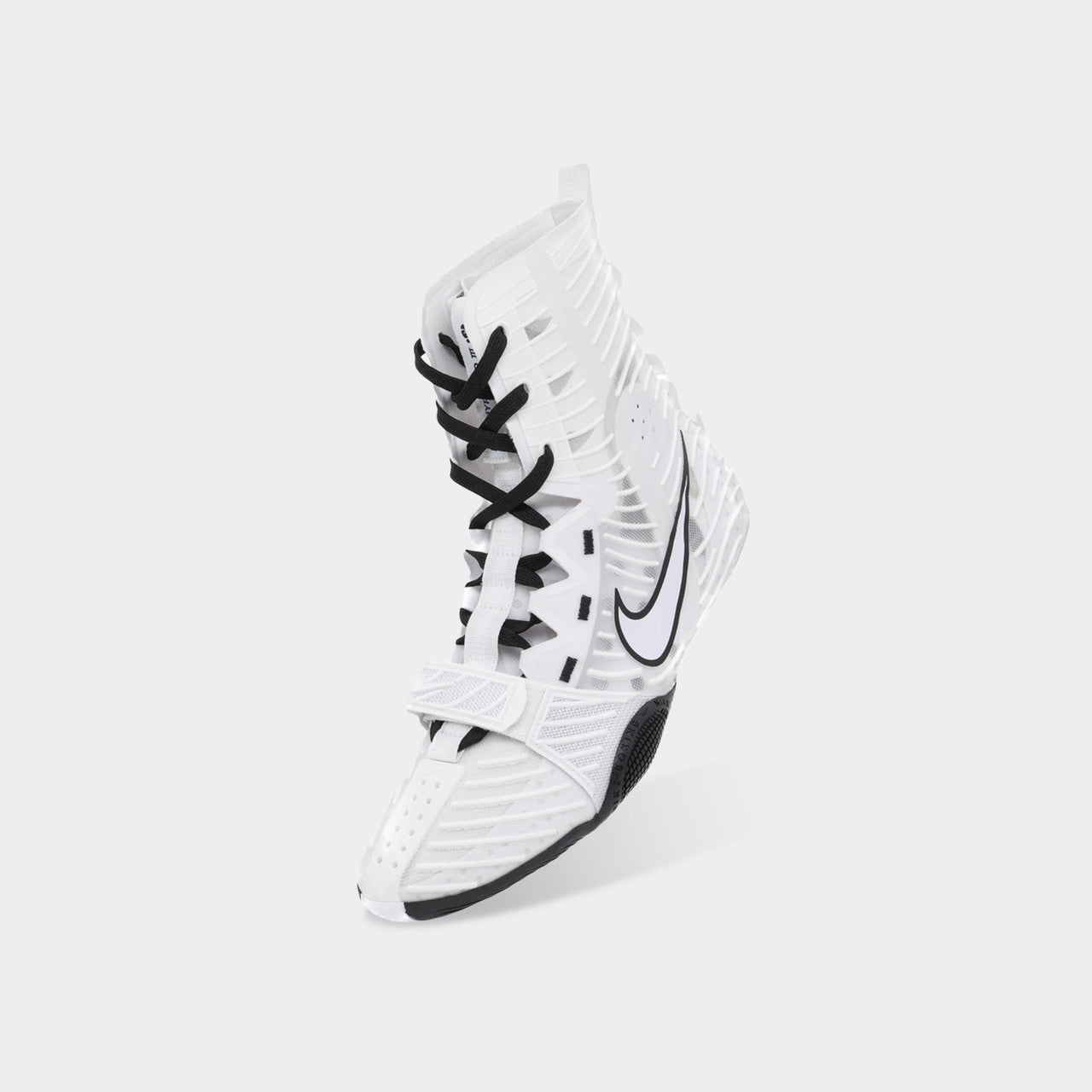 Front-left perspective view of the Nike HyperKO 3 boxing shoe in white, available from Combat Corner.