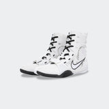 Pair of Nike HyperKO 3 boxing shoes in white, viewed from a front-right angle, available at Combat Corner.