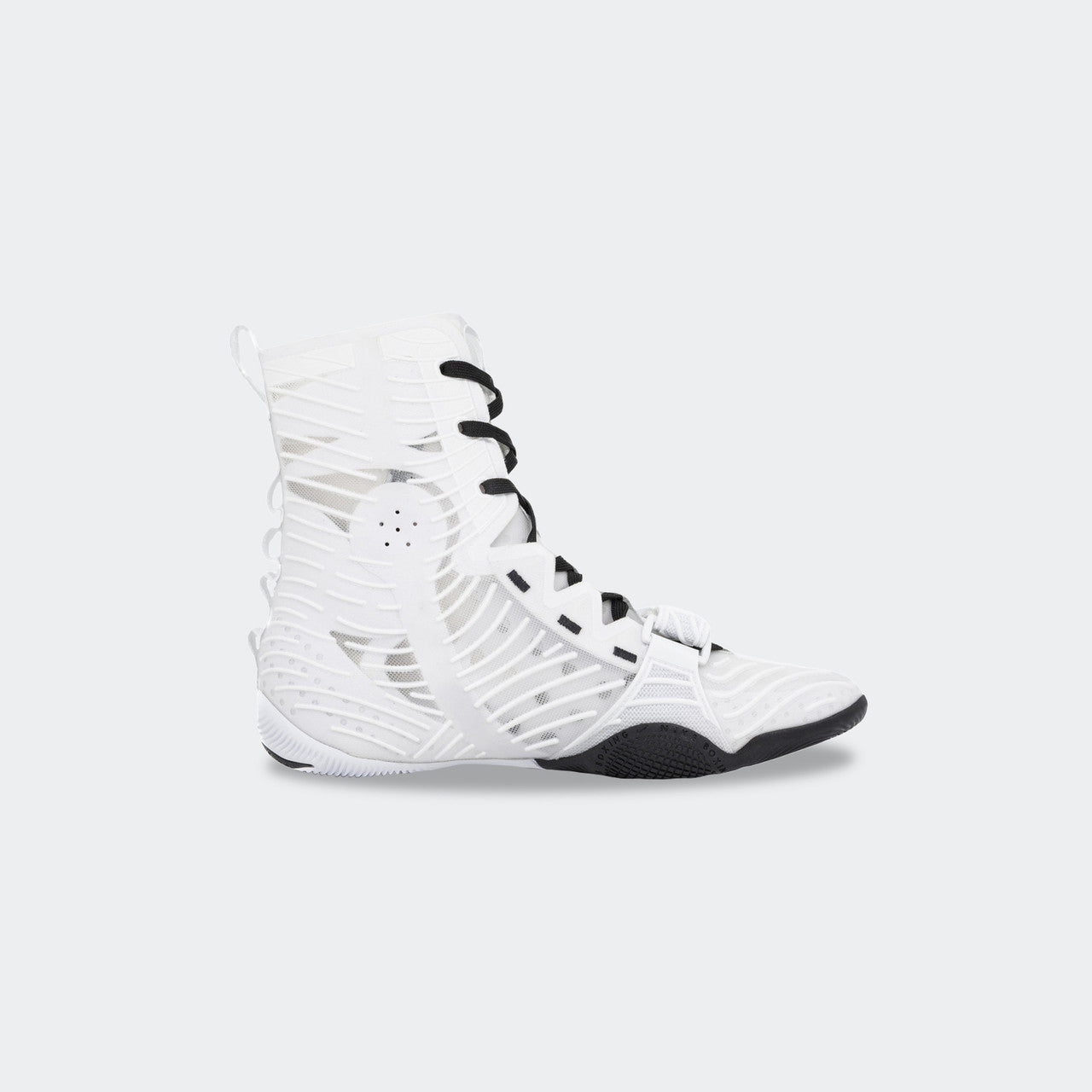 Left side view of the Nike HyperKO 3 boxing shoe in black, available at Combat Corner.