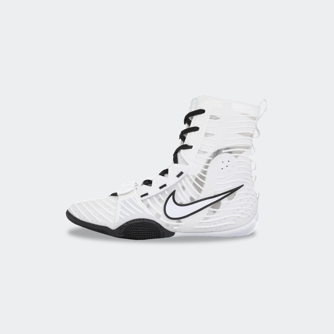 Right side view of the Nike HyperKO 3 boxing shoe in white, available at Combat Corner.