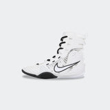 Right side view of the Nike HyperKO 3 boxing shoe in white, available at Combat Corner.