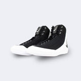 A pair of the Nike Inflict 4 wrestling shoes in black from the front left angle, available from Combat Corner.
