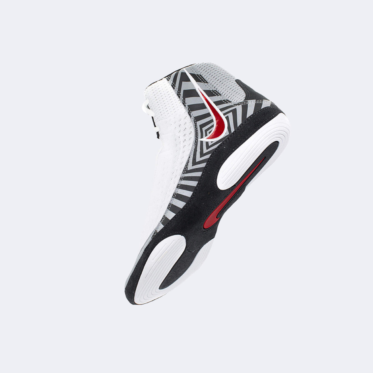 Back left perspective view of the Nike Inflict 4 wrestling shoe in SE University, available at Combat Corner.