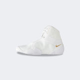 Inner right side view of the Nike Tawa wrestling shoe in white, available at Combat Corner.