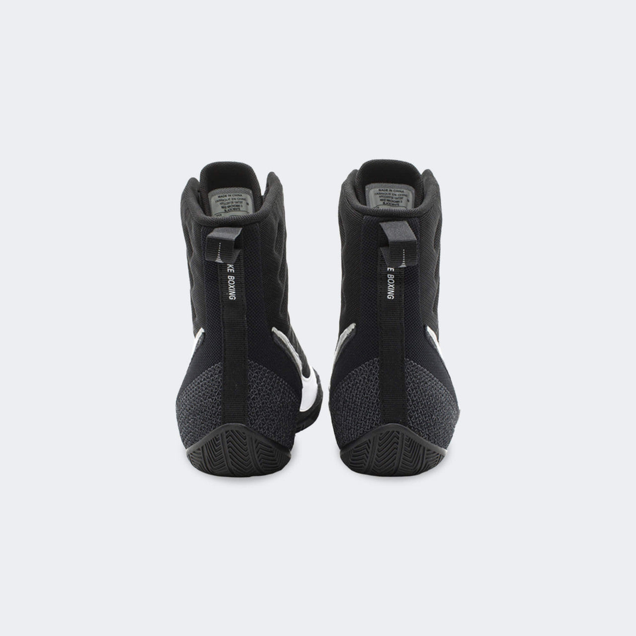 Back heel view of the Nike Machomai 3 boxing shoes in black, available at Combat Corner.