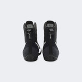 Back heel view of the Nike Machomai 3 boxing shoes in black, available at Combat Corner.