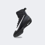 Back-left perspective view of the Nike Machomai 3 boxing shoe in black, available from Combat Corner.