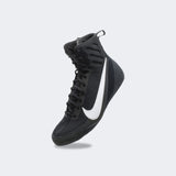 Front-left perspective view of the Nike Machomai 3 boxing shoe in black, available at Combat Corner.