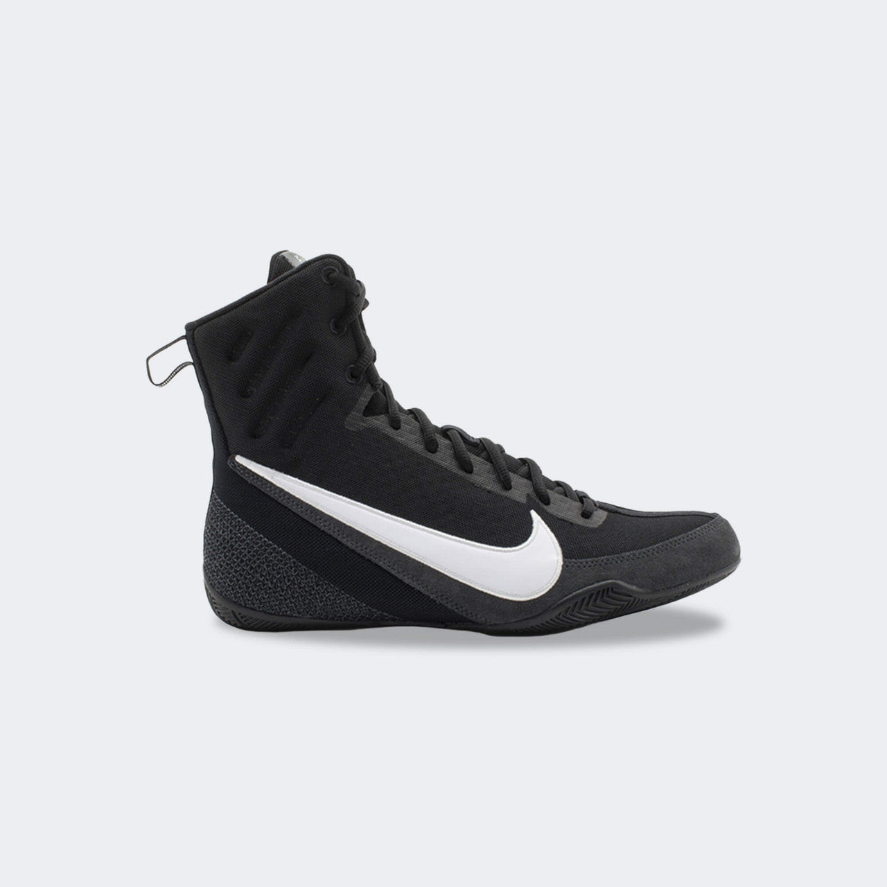 Inner left side view of the Nike Machomai 3 boxing shoe in black, available at Combat Corner.