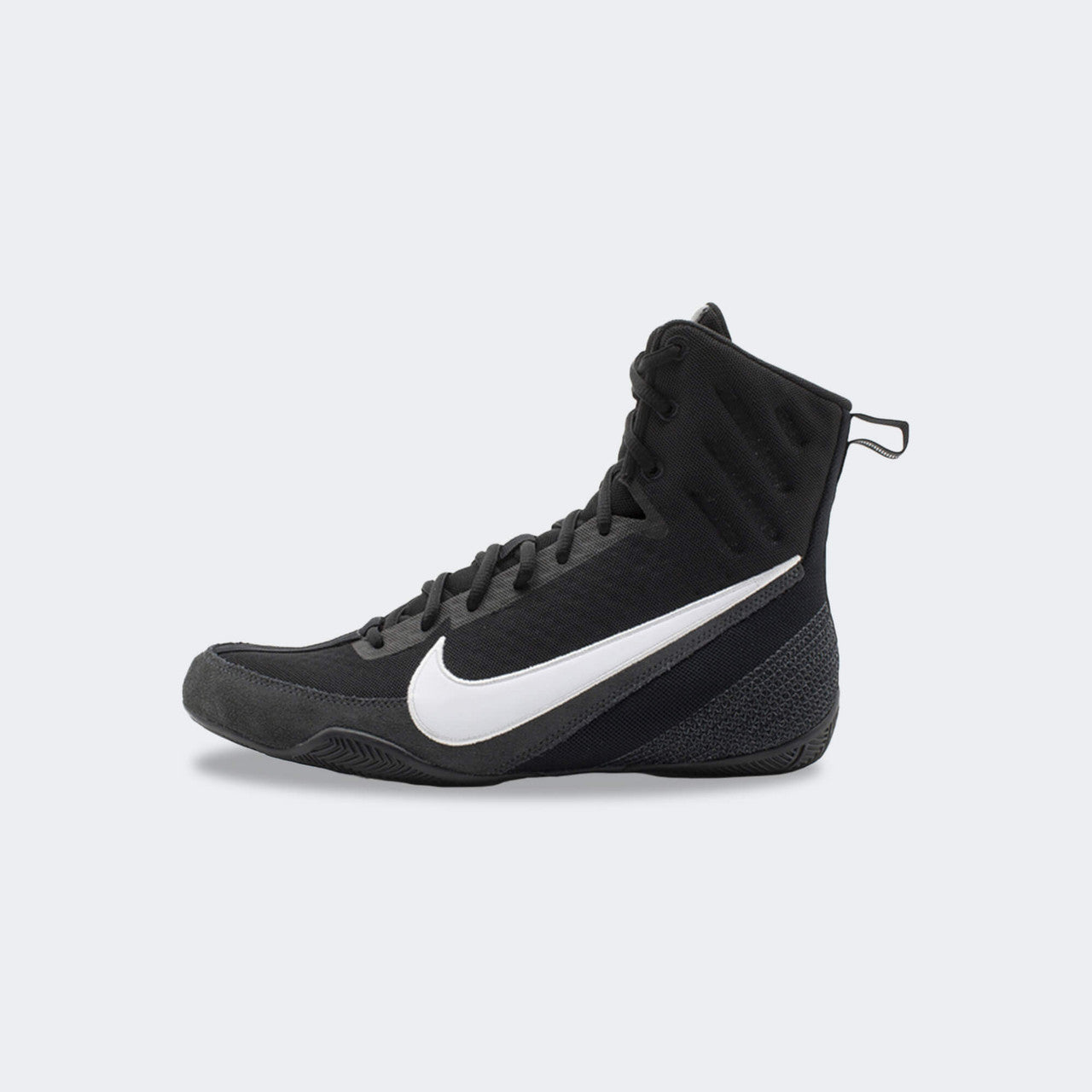 Inner right side view of the Nike Machomai 3 boxing shoe in black, available at Combat Corner.