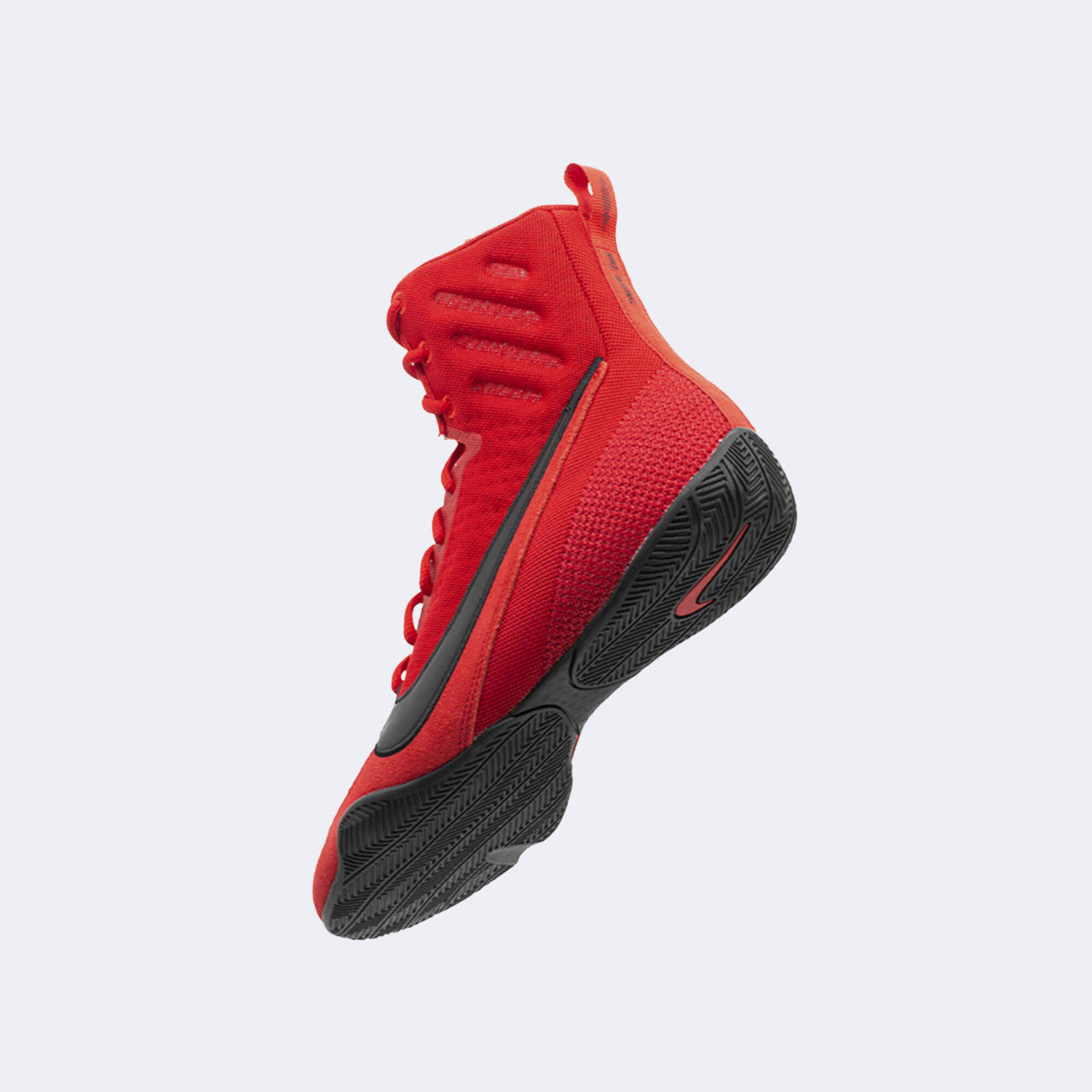 Back-left perspective view of the Nike Machomai 3 boxing shoe in red, available from Combat Corner.