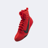 Front-left perspective view of the Nike Machomai 3 boxing shoe in red, available at Combat Corner.