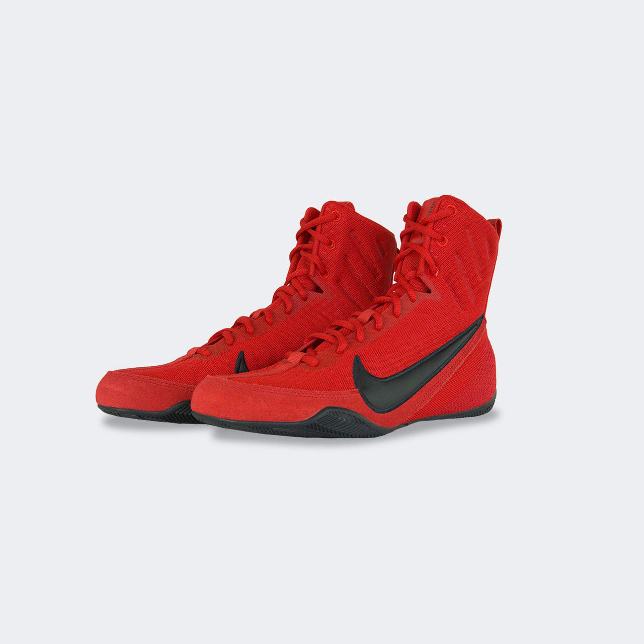 Pair of Nike Machomai 3 boxing shoes in red, viewed from a front-left angle, available at Combat Corner.