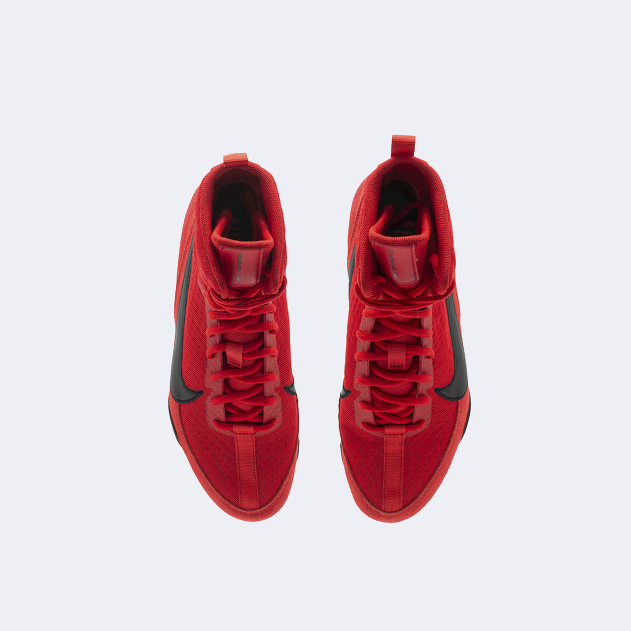 Top down view of a pair of Nike Machomai 3 boxing shoes in red, available at Combat Corner.