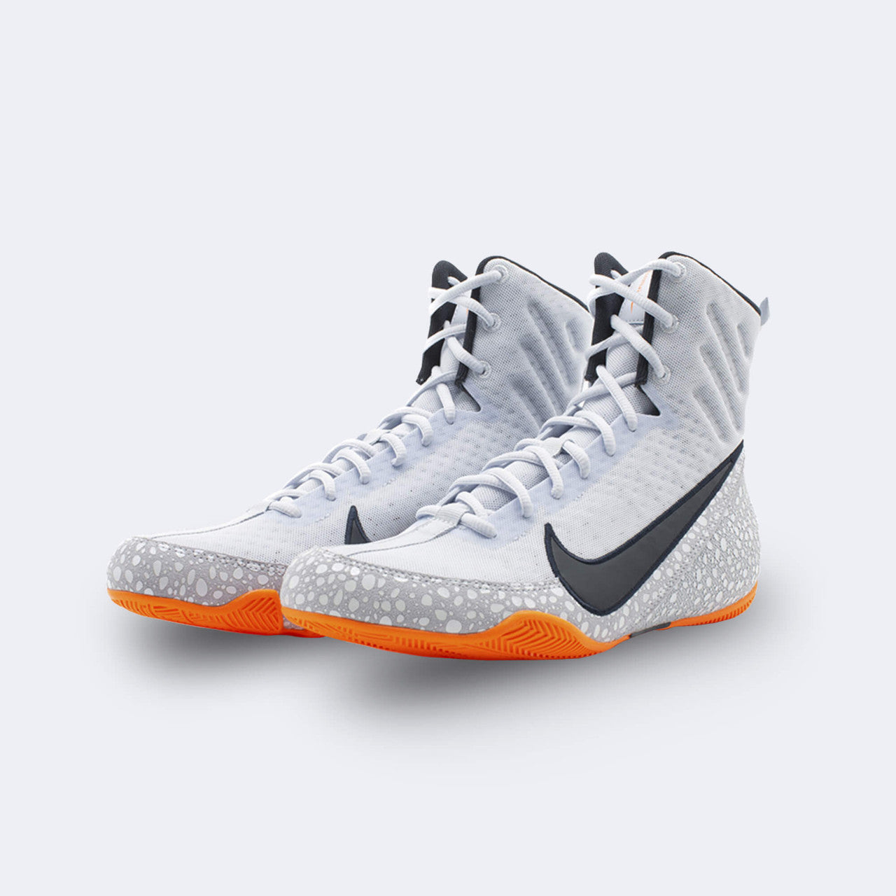 Pair of Nike Machomai 3 boxing shoes in SE, viewed from a front-left angle, available at Combat Corner.