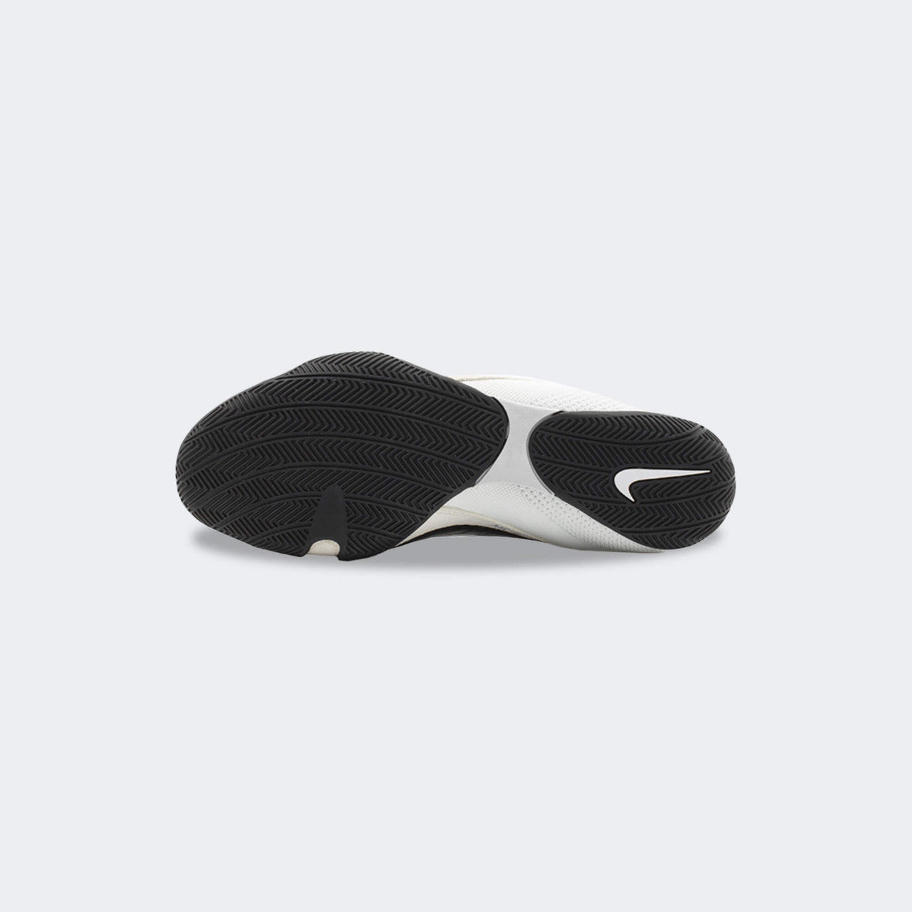 Bottom view showing the rubber outsole and tread pattern of the Nike Machomai 3 boxing shoe in white, available at Combat Corner.