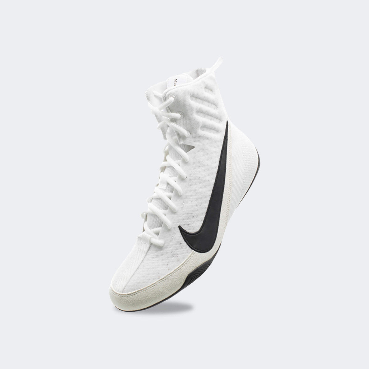 Front-left perspective view of the Nike Machomai 3 boxing shoe in white, available at Combat Corner.