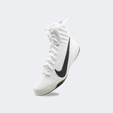 Front-left perspective view of the Nike Machomai 3 boxing shoe in white, available at Combat Corner.
