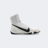 Inner left side view of the Nike Machomai 3 boxing shoe in white, available at Combat Corner.