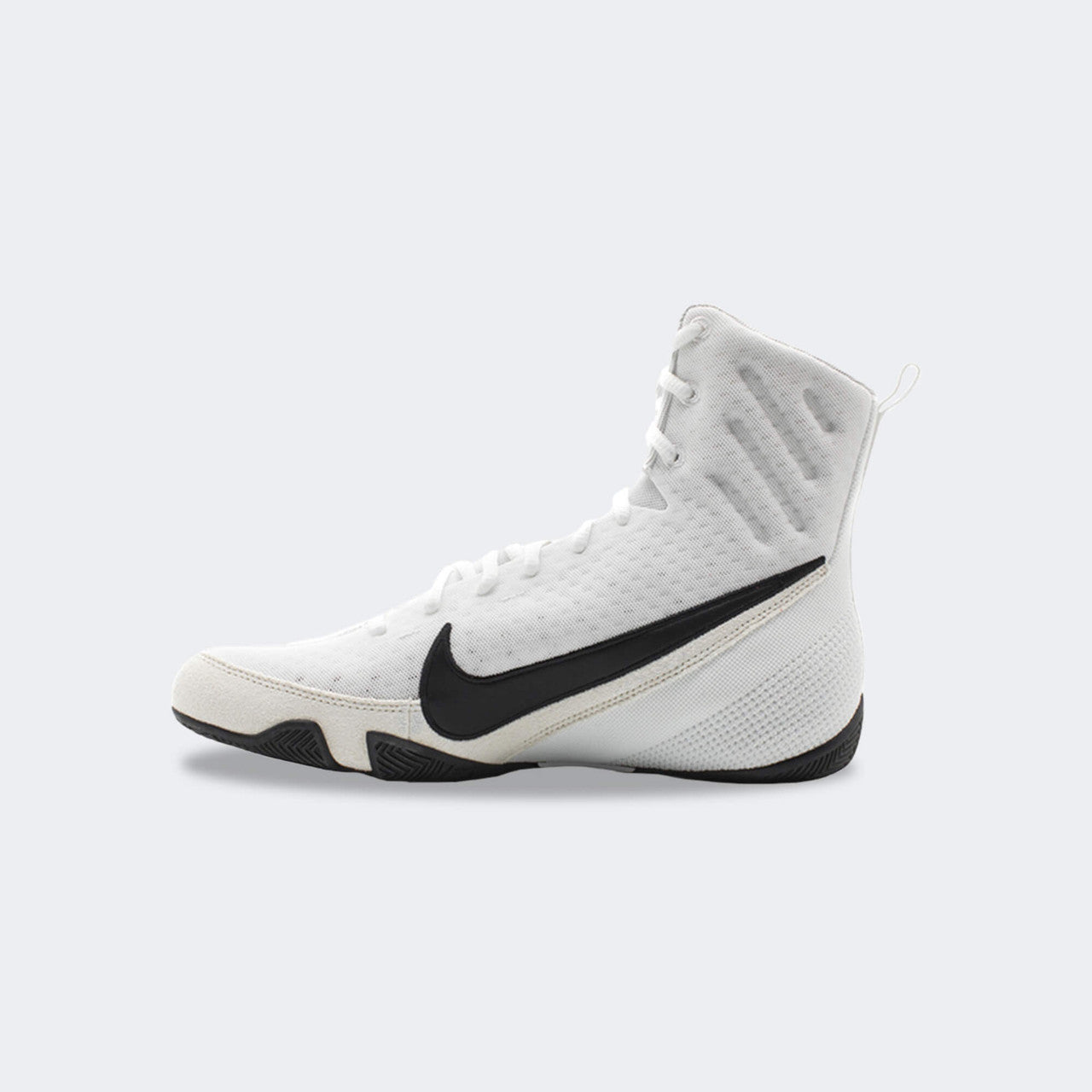Inner right side view of the Nike Machomai 3 boxing shoe in white, available at Combat Corner.